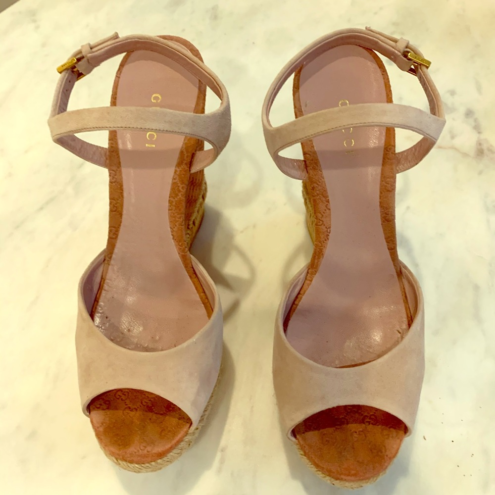 Gucci Pink Suede Ankle strap wedge